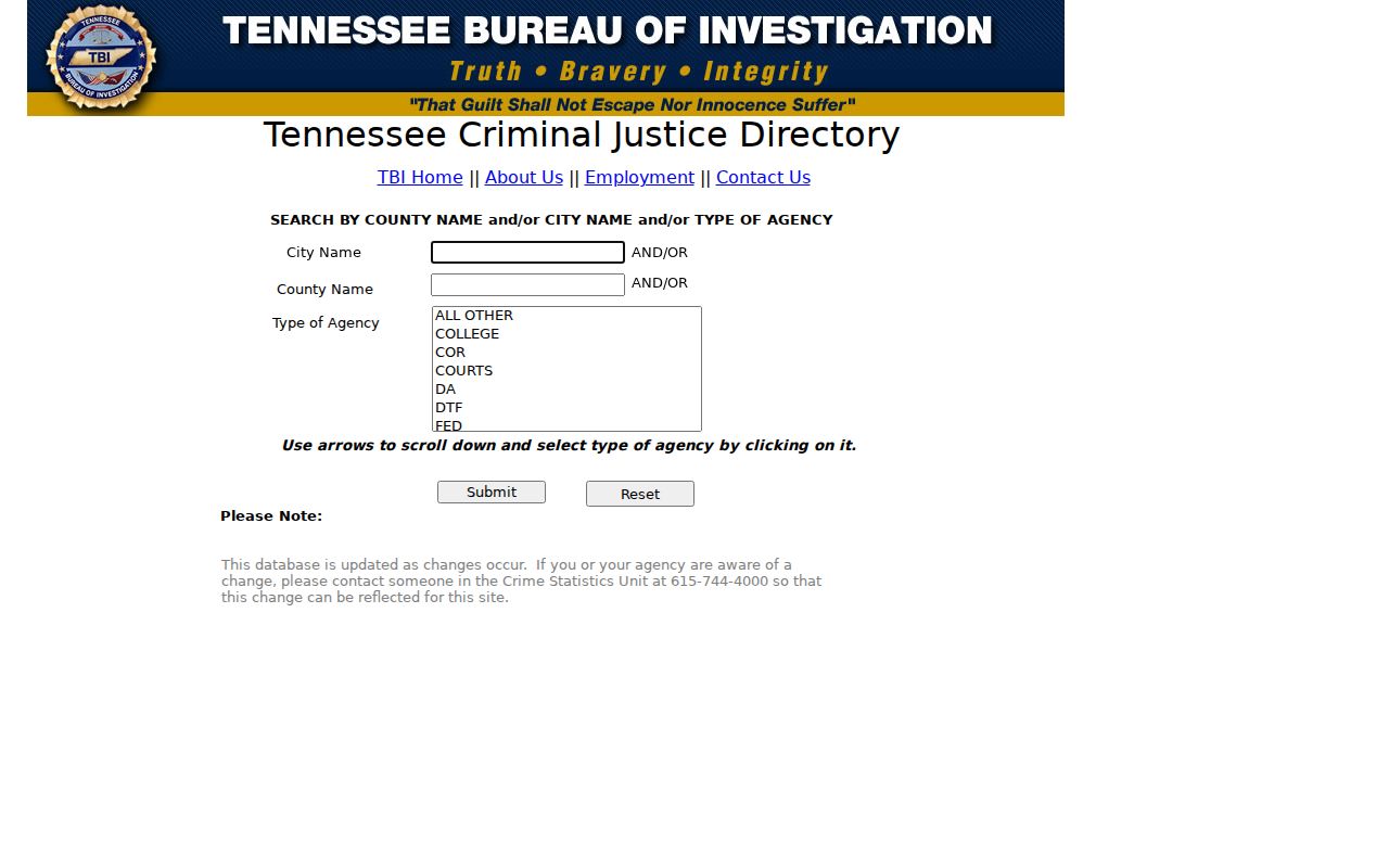 TBI agency directory used to route Giles County arrest record requests