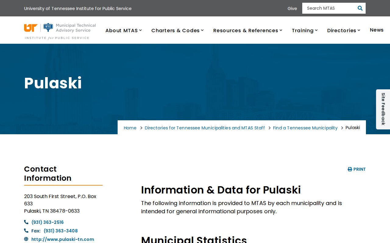 Pulaski criminal record contacts in the municipal profile