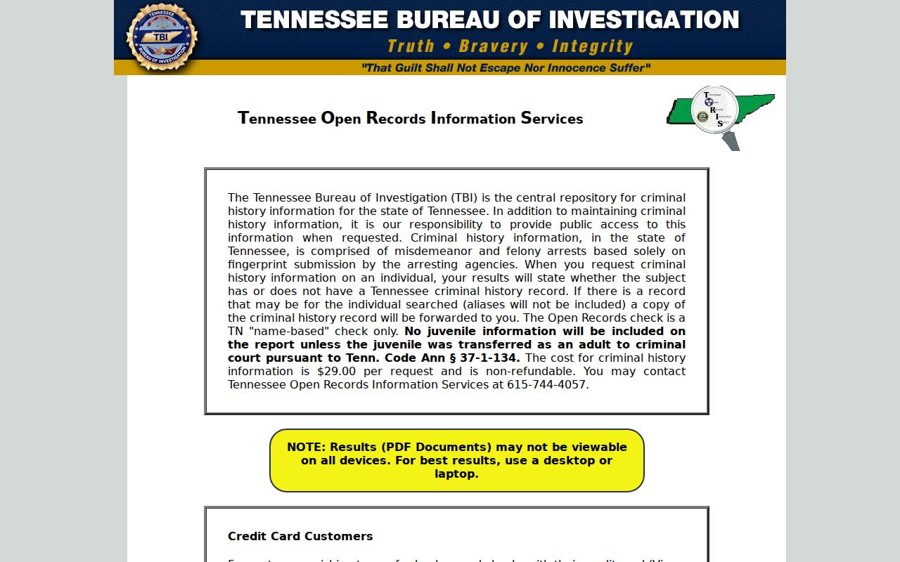 TBI TORIS name-based Tennessee criminal history search screen
