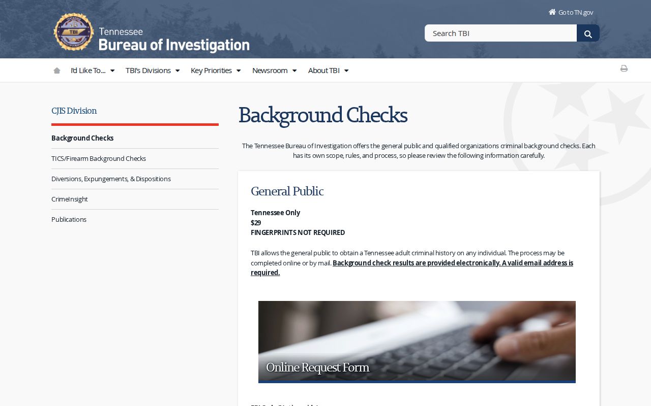 Tennessee Bureau of Investigation background check program information